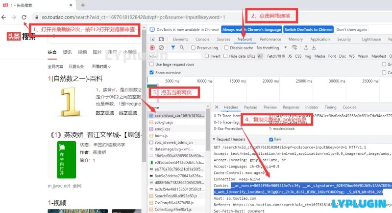 1、瀏覽器審查提取cookie教程，以頭條搜索為例 - 老陽插件